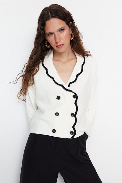 Trendyol Collection Ecru Double Breasted Collar Knitwear Cardigan - Color Block, Limited Edition Twoaw22Hi0359