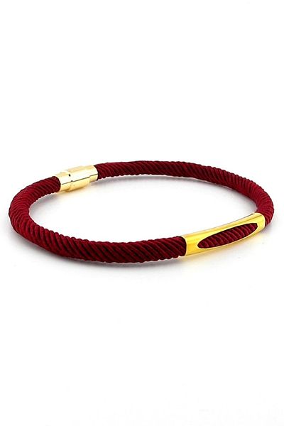 Solfera Claret Red Knitted String Yellow Metal Magnet Men's Bracelet M026m