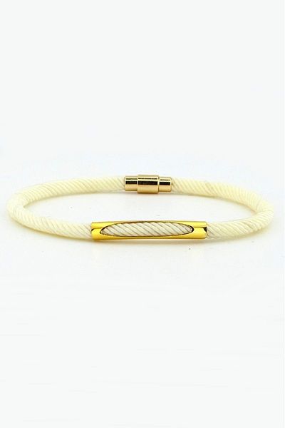 Solfera Cream Colored Knitted String Yellow Metal Magnet Men's Bracelet M026n