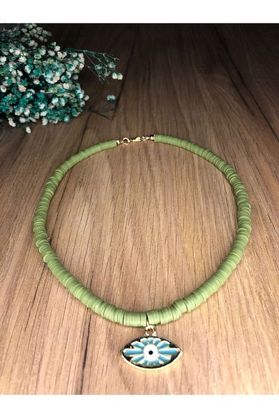 Stoneday Big Eye Pendant Green Color Fimo Special Design Necklace (PASTEL COLOR)