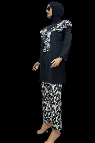 eflin Women's Clothing Black-white Zebra Pattern Valon Full Covered Hijab Swimsuit Large Size Option
