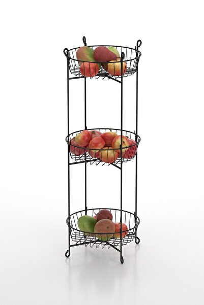 Tekno-tel Teknotel 3 Katlı Sebzelik Çok Amaçlı Metal Sepet Yuvarlak Mat Siyah Mg013