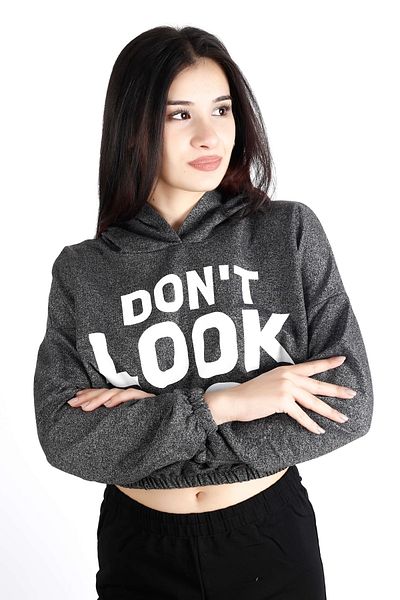 Azıcık Akıllı Women's Anthracite Dont Look Back Front Back Text Printed Hooded Crop Sweatshirt 22kswtdont
