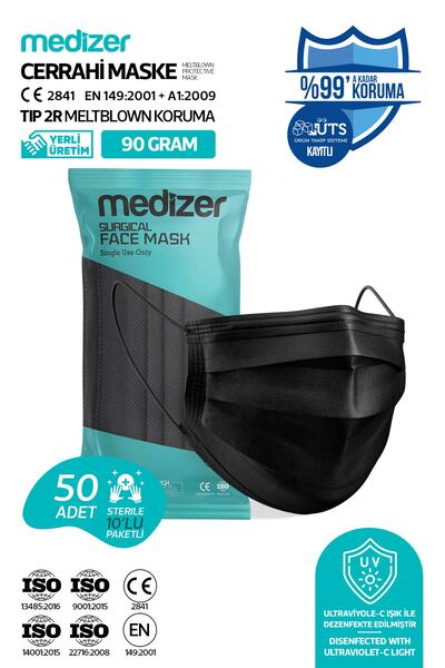 Sabomar Medizer Siyah Cerrahi Maske Meltblown - 10'lu 5 Kutu - 50 Adet