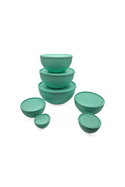 Melkan Home Yuvarlak Kapaklı Kase 7'li Set 14 Parça Pastel Yeşil