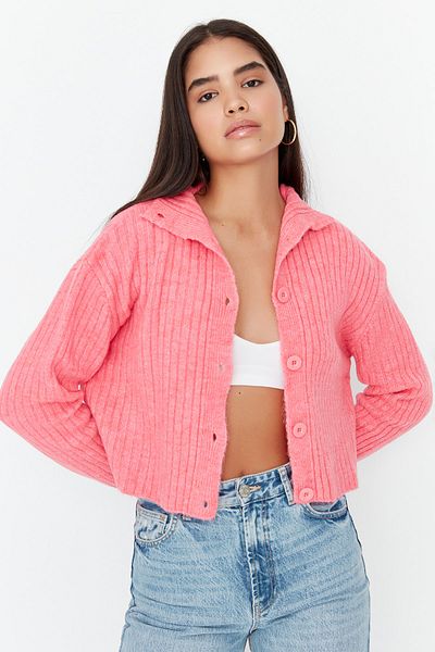 Trendyol Collection Pink Crop Soft Textured Stand Collar Knitwear Cardigan TWOAW22HI0174