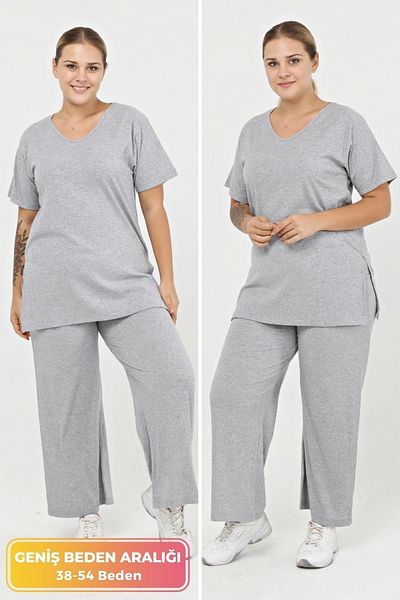 tarzımsüper Large Size Organic Cotton Tracksuit Set with Side Slit Ribbed Model Hijab Stylish Suit Gray