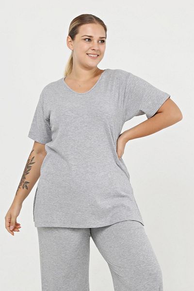 tarzımsüper Large Size Organic Cotton Tracksuit Set with Side Slit Ribbed Model Hijab Stylish Suit Gray