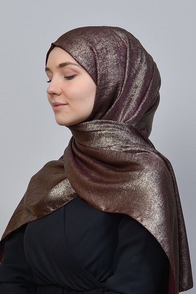 Altobeh Διπλό Χρώμα Γυαλιστερό Glitter Illuminated Princess Hijab Shawl Βαμβακερό Σκούρο Βουργουνδί - Μπρονζέ