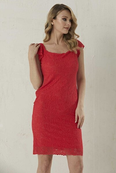 Selen Giyim Kare Yaka Kolu Lastikli Dantelli Elbise