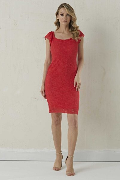 Selen Giyim Kare Yaka Kolu Lastikli Dantelli Elbise