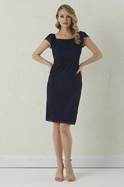 Selen Giyim Kare Yaka Kolu Lastikli Dantelli Elbise