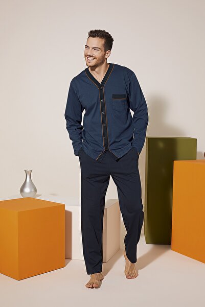 KLY V Yaka Boydan Düğmeli Uzun Kollu Erkek Pijama Takımı