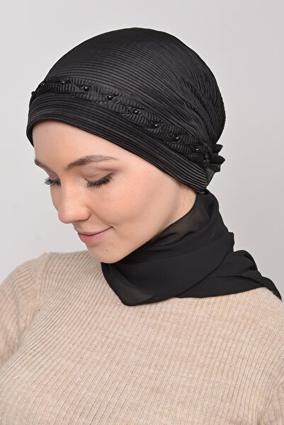 Altobeh Πλισέ Μαλλιά Πλεκτά Χάντρες Τριαντάφυλλο Λεπτομέρεια Σατέν Hijab Bonnet Shawl-μαύρο