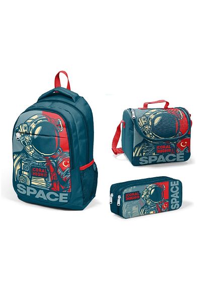 Coral High Kids Indigo Red Astronaut Patterned Triple School Backpack Set 14389