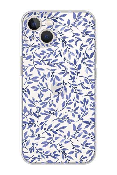 shoptocase Iphone 14 Plus Uyumlu Mavi Yapraklar Tasarımlı Premium Şeffaf Tele...