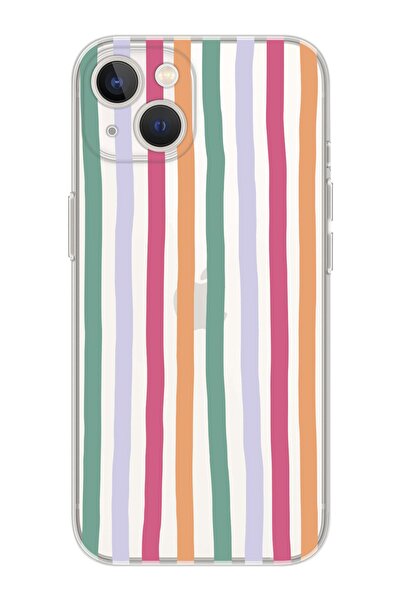 shoptocase Iphone 14 Plus Uyumlu Renkli Çizgiler Tasarımlı Premium Şeffaf Tel...