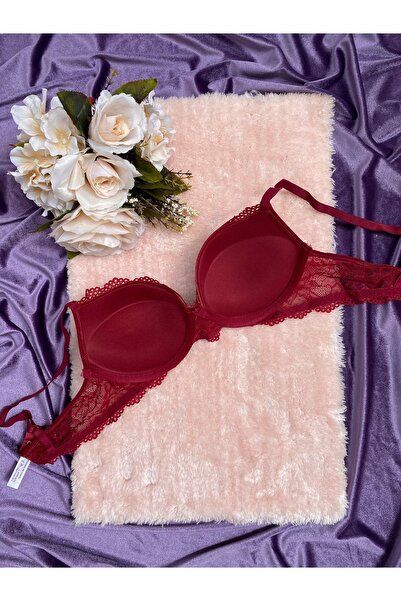 MODALADY Women's Burgundy Color Lace Padded Underwire Bra