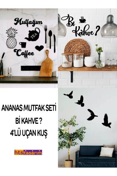 HTS TASARIM Mutfağım+bikahve+4'lü Kuş 3 Ürün 1 Arada Ahşap Duvar Dekoru