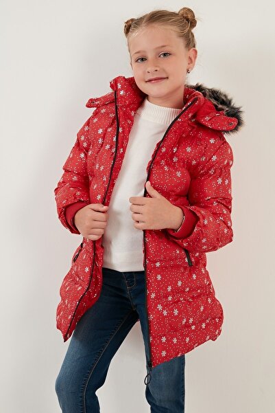 LifeForModa Kız Çocuk Desenli Fermuar Cepli Tüylü Kapüşonlu Şişme Mont Kaban ...