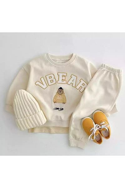 KİDS FACE Special Design Crew Neck Vbear Printed Full Winter Boy's Tracksuit Set