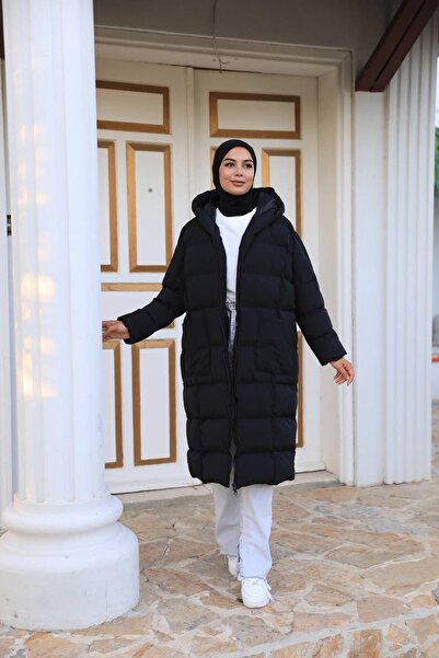 Qenz Μαύρο πουπουλένιο παλτό με κουκούλα με διπλό φερμουάρ