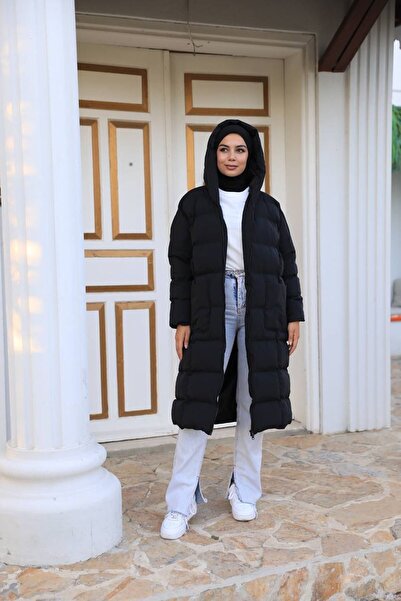 Qenz Μαύρο πουπουλένιο παλτό με κουκούλα με διπλό φερμουάρ