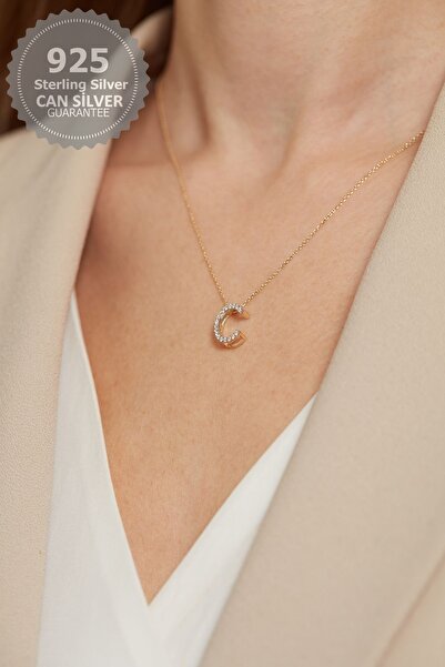 CAN SİLVER 925 Ayar Gümüş Zirkon Taşlı Gold Kaplama C Harfi Kadın Kolye