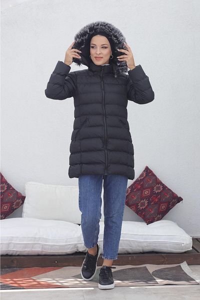 KMKkombin Women's Short Fully Padded Double Pocket Zippered Hooded Black Puffer Coat