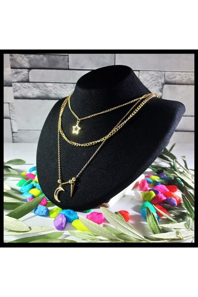 FAMİLY Ay Ve Yıldız Temalı Çoklu Model Gold Renk Paslanmaz Ve Kararmaz Çelik Kolye