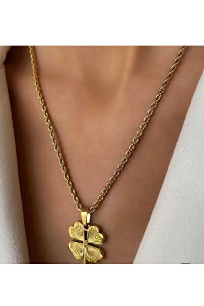 Angelaccessory قلادة طويلة من الفولاذ باللون الذهبي