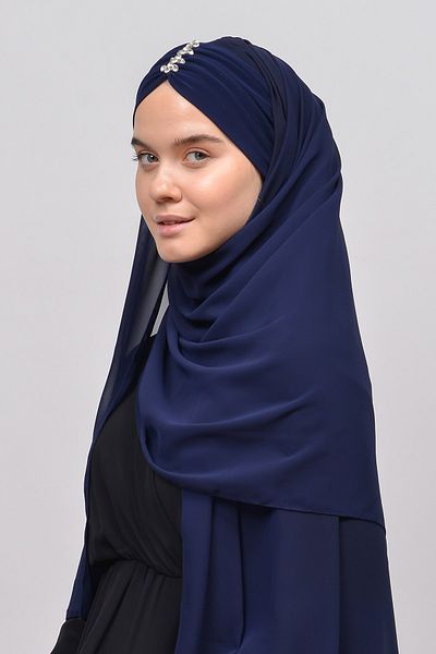 Altobeh Κομψό Stone Draped Ready Practical Chiffon Hijab Shawl-σκούρο μπλε