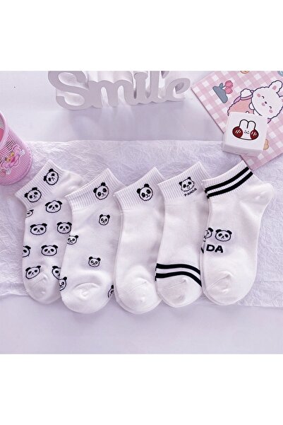 çorapmanya 5 Çift Panda Desenli Yarım Konç Kadın Kolej Çorap