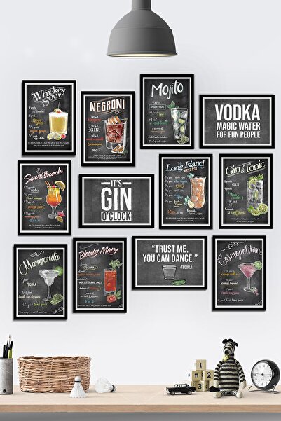 Tontilika 12 Parça Çerçeve Görünümlü Kokteyl Bar Cafe Çeşitleri Temalı Mdf Ta...