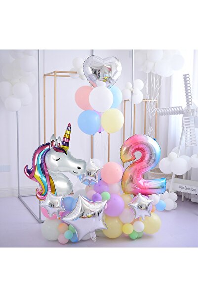PARTİAVM 100cm Gökkuşağı Rakam Balonlu Unicorn Temalı Doğum Günü Karşılama Se...