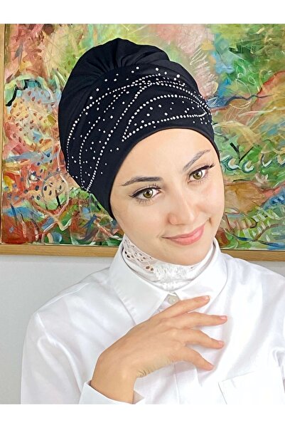BUTİKAMBAR Firuze Model Taşlı Siyah Bone