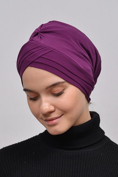 Altobeh Τρεις ρίγες Σταυρός Εξωτερικό Hijab Bonnet Ready Turban-σκούρο μωβ
