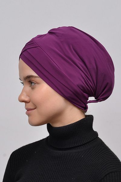 Altobeh Τρεις ρίγες Σταυρός Εξωτερικό Hijab Bonnet Ready Turban-σκούρο μωβ
