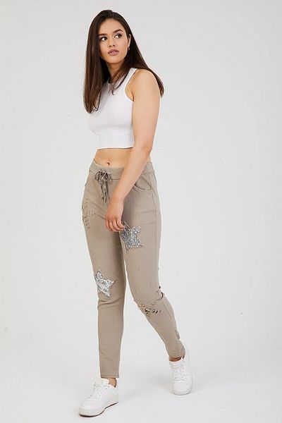 AYASOFYA OTANTIK Women's Mink Italian Sequin Star Patch Ripped Detailed Skinny Leg Lycra Trousers