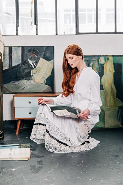 By Mare Style Zoe-Guipure Detailed White Brode Long Dress