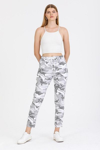AYASOFYA OTANTIK Women's Italian White Camouflage Pattern Slim Leg Skinny Trousers