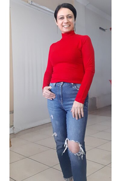 Mertcan Butik Red Turtleneck Combed Cotton T-Shirt
