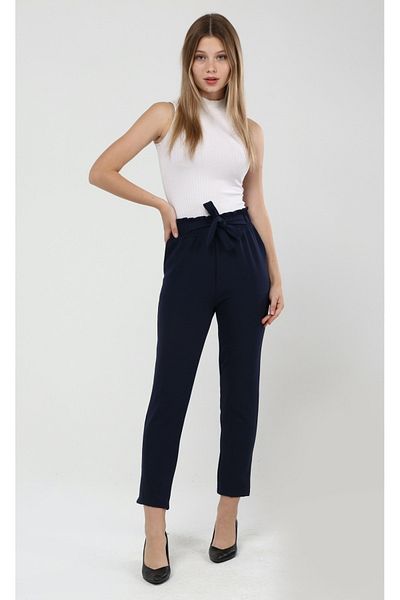 diaves Women's Seasonal Elastic Waist Atlas Fabric Carrot Cut Navy Blue Trousers