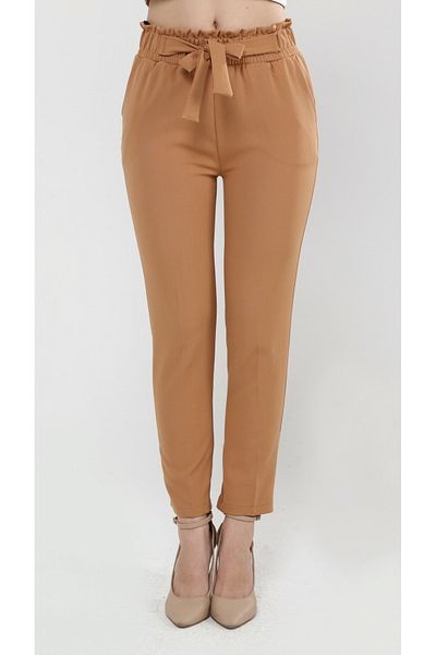 diaves Women's Seasonal Elastic Waist Atlas Fabric Carrot Cut Brown Trousers