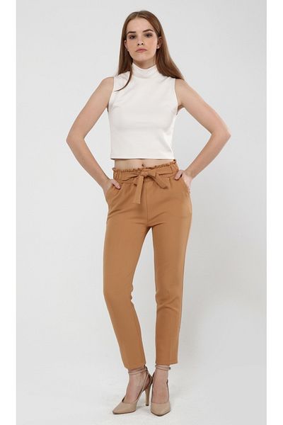 diaves Women's Seasonal Elastic Waist Atlas Fabric Carrot Cut Brown Trousers