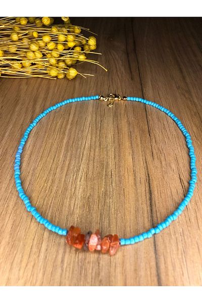 Stoneday Turquoise Sand Beads Necklace with Natural (Agate) Stone Tip