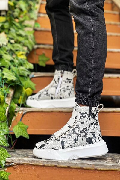 Mida Shoes Banded Men's High Sole Newspaper Patterned Sports Boots