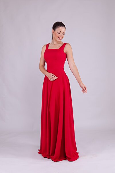 Bidoluelbise Kadın Kare Yaka Kolsuz Maxi Boy Abiye Elbise