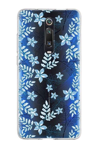 PrintiFy Xiaomi Mi 9t Uyumlu Kapak Floral Mavi Tasarımlı Şeffaf Silikon Kılıf