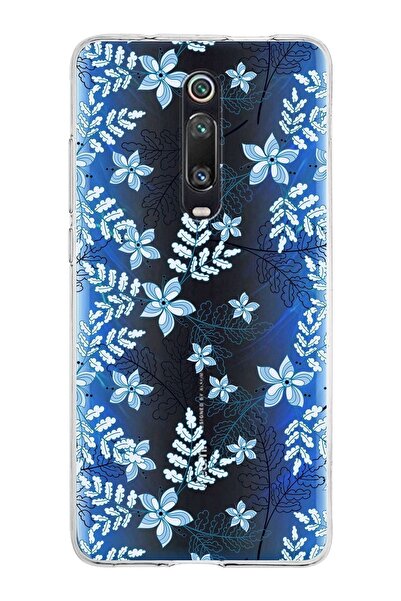 PrintiFy Xiaomi Mi 9t Pro Uyumlu Kapak Floral Mavi Tasarımlı Şeffaf Silikon K...